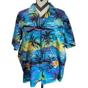 Royal Creations Made in Hawaii Blue Aloha Shirt XL Sunset Palm Tree Sailing
